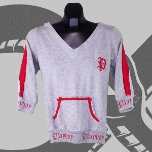 Vintage 2000s Playboy V-Neck Sweater Embroidered Logo Women's Large Grey/Red